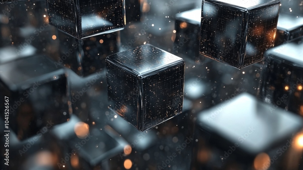 Poster Black cubes appear to float in a digital environment filled with particles, creating a futuristic atmosphere. Ambient light adds depth to the scene, enhancing the visual experience.