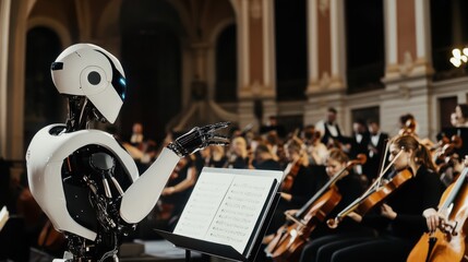 A robotic conductor leading a symphony orchestra in a grand concert hall, musical and orchestral setting with classical music and symphonic performance, Symphony Orchestra Conductor Robotics style