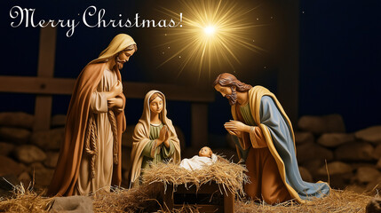 Christmas postcard featuring a nativity scene with Mary, Joseph, and baby Jesus with festive wishes
