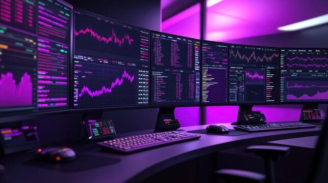 High-tech trading desk with advanced data visualization