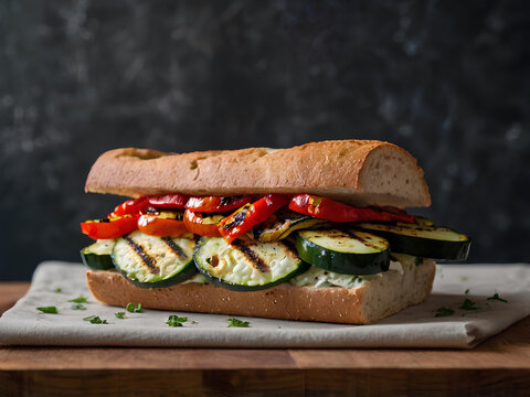 A veggie sandwich loaded with grilled zucchini, roasted red peppers, and goat cheese on fresh focaccia bread.