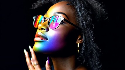 Rainbow Reflection:  A close-up portrait of a Black woman with vibrant rainbow makeup and mirrored sunglasses against a dark background.