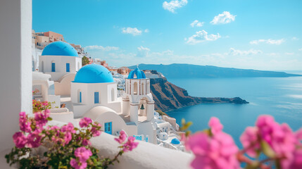 A blue and white building with a blue dome sits on a hill overlooking a body of water. The scene is serene and peaceful, with the blue dome of the building reflecting in the water