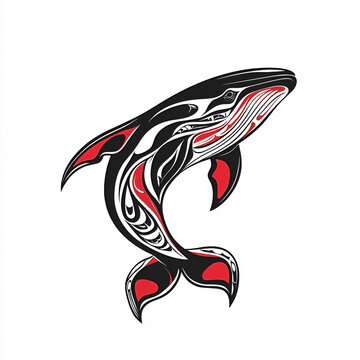 Traditional Inuit Eskimo Haida folk art of a stylized whale in textured black, white and red for logo or tattoo. Pacific Northwest Haida art.