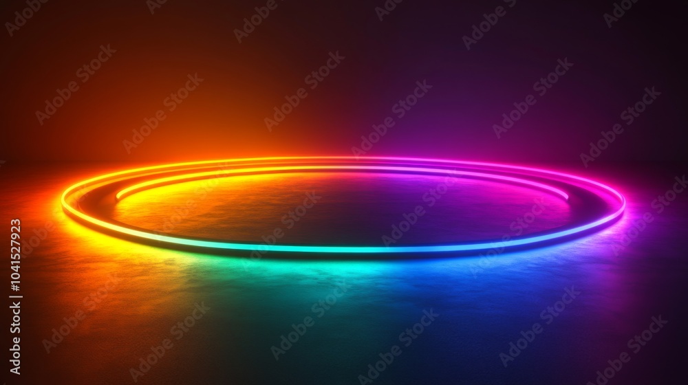 Poster a vibrant neon light ring illuminates the dark setting, casting colorful reflections on the surface.