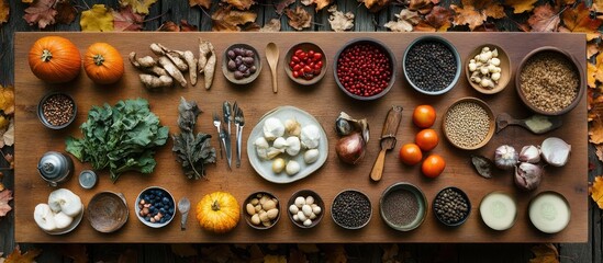 Flat lay of various fresh organic food ingredients on a wooden table surrounded by autumn leaves.