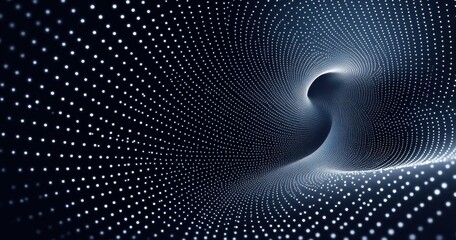 Abstract digital vortex with spiraling white dots on dark background creating a sense of motion and energy