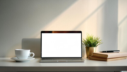 a work desk. Office desk setup with laptop, coffee cup, pen and notebook, all in a minimalist style. on side position provides copy space for text. background concept isolated white
