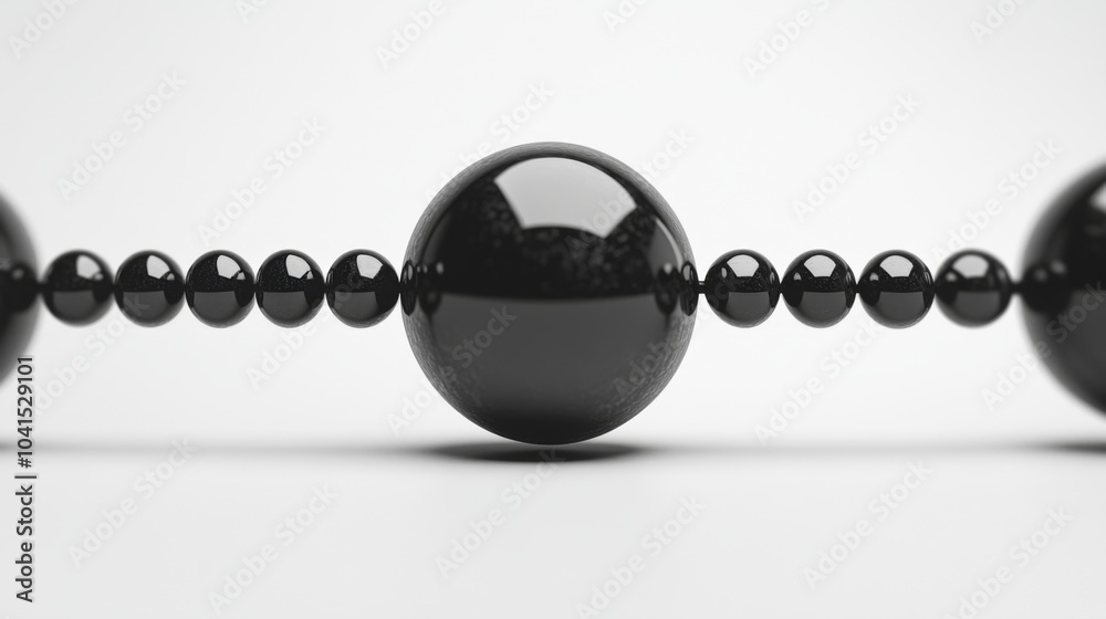 Fototapete a series of black spherical beads, varying in size, are elegantly aligned on a smooth surface, refle