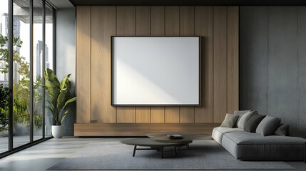 Fototapeta premium Blank wooden picture frame mockup in modern interior -