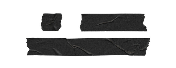 Set of duct tape lines, isolated black paper adhesive tape strips of different sizes on transparent background