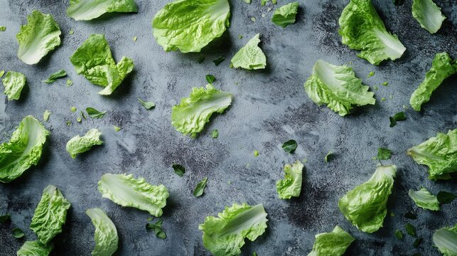 A crisp and refreshing background of iceberg lettuce leaves scattered randomly on a cool gray surface, evoking a fresh salad vibe.