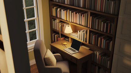 Classic Study Room With Wooden Desk And Lamp Lit Bookshelf
