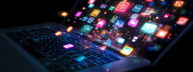 Obraz premium Digital Stream: Icons Flowing from Laptop