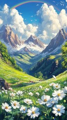 Fototapeta premium Design a psychedelic landscape with mountains, birds, and a rainbow over a meadow of white flowers