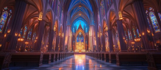 Interior view of a church with high ceilings, arches, stained glass windows, and rows of pews.