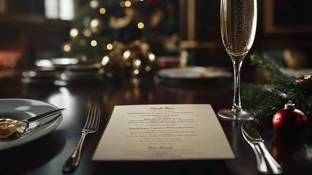 Freshly printed menu on elegant table setting with champagne flute and festive decorations, perfect for celebrating New Year's Eve or a luxurious dinner party