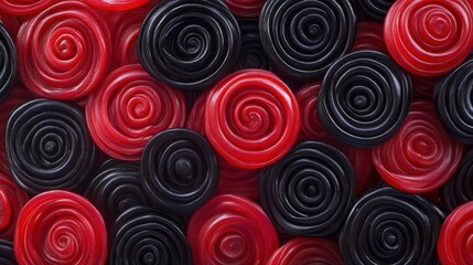 A background completely packed with assorted licorice wheels, tightly arranged to create a playful, textured surface in shades of red and black.