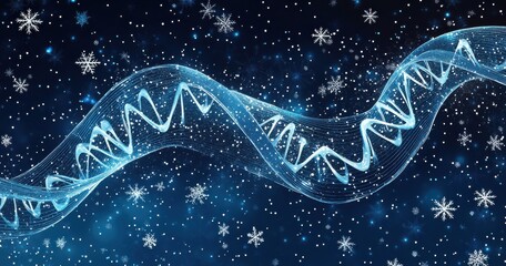 Abstract blue and white DNA strand with snowflakes on a starry background portraying winter science and genetic research inspiration