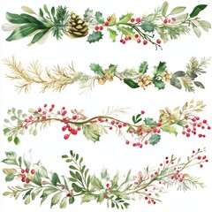 vintage Christmas watercolor clipart, white background, Christmas garland decoration, golden foil, gold glitter, glitter paint gold, highly detailed foliage, dark green and light crimson