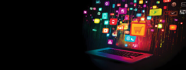 Digital Stream: Icons Flowing from Laptop