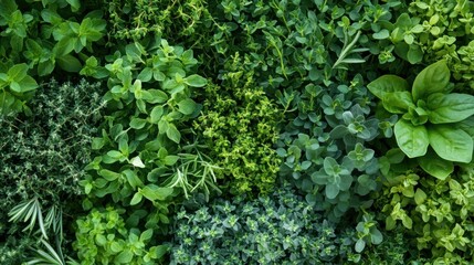 A background completely filled with fresh herbs like rosemary, thyme, and oregano, densely packed together for a fragrant, green, and earthy surface.