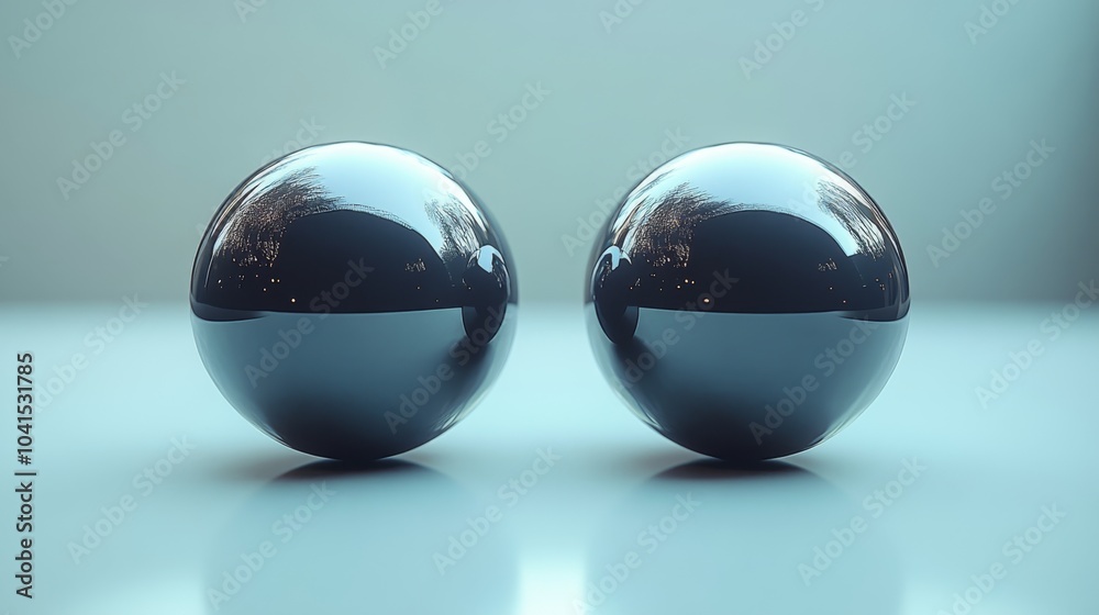 Aufkleber two shiny, reflective spheres sit closely together on a smooth surface, capturing and refracting lig
