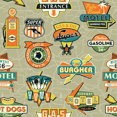Naklejka premium Vintage highway sign board patchwork with road map background abstract vector seamless pattern for children wear fabric shirt sweatshirt pajamas