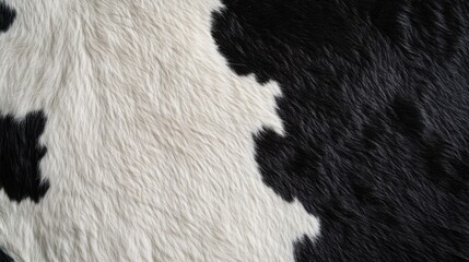 Close-up of cowhide texture, showing black and white patches, with the natural fur pattern filling the entire screen in bold contrast.