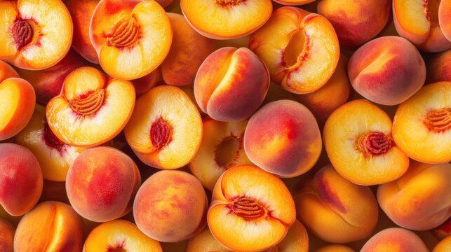A seamless spread of sliced peaches, tightly packed together to fill the entire frame with their warm, orange tones and soft, juicy texture.
