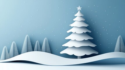 Minimalist winter scene with a white Christmas tree and snowflakes on a serene blue background