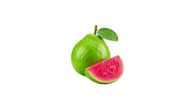 A whole guava and a slice, showcasing the fruit's green skin and juicy red