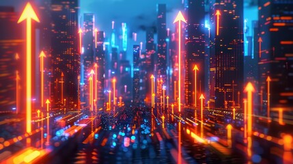 Fototapeta premium Futuristic cityscape vibrant neon arrows blue orange glowing digital skyline innovation progress energy urban night
