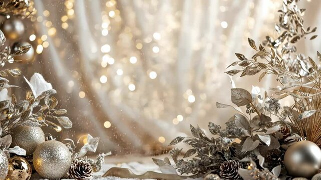 Elegant Christmas scene with mistletoe and shimmering snowflakes, glittering gold and silver ornaments, and luxurious textures enhancing the festive mood. Mistletoe Snowflakes