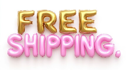 Inflatable balloon letters in pink and gold spelling FREE SHIPPING set against a white background perfect for decorations and promotional messages on discounts and deliveries