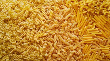 Fototapeta premium A seamless spread of mixed pasta shapes, including fusilli, penne, and spaghetti, tightly arranged to fill the entire frame with golden, textured pasta.