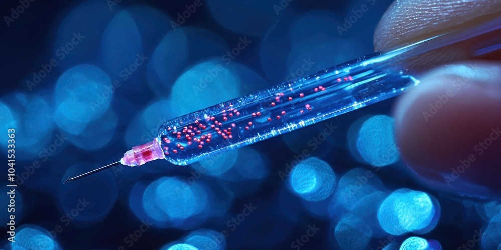 Poster a close-up of a syringe filled with red spheres against a blue bokeh background