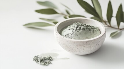 An exfoliating scrub infused with green clay and natural ingredients accompanied by a beauty mask showcased on a pristine white background encouraging self care indulgence