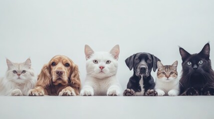 Adorable dogs and cats enjoying a playful interaction with paws on a white social media banner ideal for pet enthusiasts and animal lovers