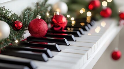 Piano keys adorned with Christmas decorations featuring red ornaments on a white upright piano