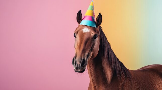 Adorable horse sporting a party hat in a studio set against a lively and colorful backdrop