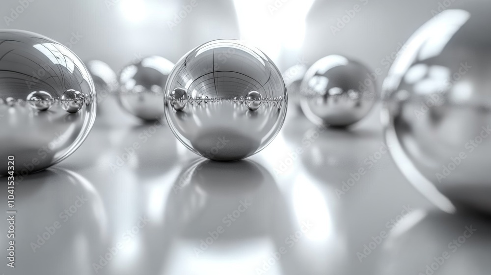 Poster A collection of shiny silver spheres lies scattered on a smooth surface, reflecting the bright light filtering through the windows, creating an intriguing visual effect.
