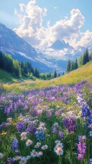 Naklejka premium Blend the charm of pastel flowers, mountain views, and birds in a picturesque setting