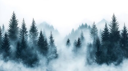 Fototapeta premium Watercolor landscape of a winter forest with misty trees, soft snowfall, and a peaceful atmosphere, ideal for a winter background