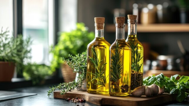 Olive oil bottles adorned with herbs and spices on a rustic kitchen counter showcase an elegant charm perfect for food blogs recipe collections and culinary classes
