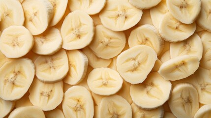 A seamless spread of ripe banana slices, tightly arranged to fill the entire frame with their soft, yellow texture and smooth surface.