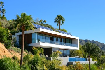 Fototapeta premium Modern Solar Panels Installed on a Hollywood Hills California Home Under Clear Blue Sunny Sky, Solar Photography, Solar Powered Clean Energy, Sustainable Resources, Electricity Source