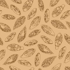 Fototapeta premium pattern of imprint autumn leaves outline, print of stroke of autumn leaves, pattern for fabric textile, imprint background, print blue stroke of leaves on white background, autumn leaf print pattern