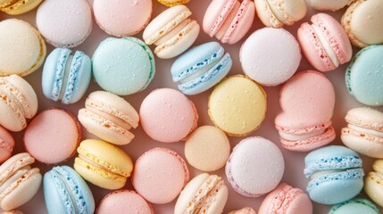 Fototapeta premium A background completely filled with assorted macarons in pastel colors, packed tightly together to create a soft, delicate, and sweet surface.