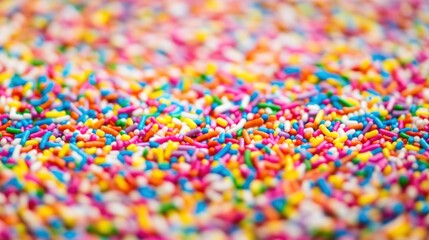 Obraz premium A surface densely covered with rainbow-colored sprinkles, filling every inch of the frame with tiny, sugary textures and bright, cheerful colors.